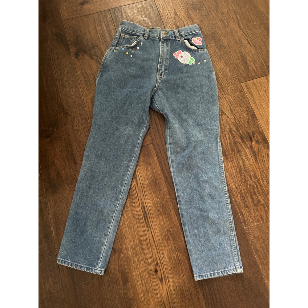 Vintage Jet Set Girls Blue Denim Jeans Floral Embroidered Rhinestone Size 14